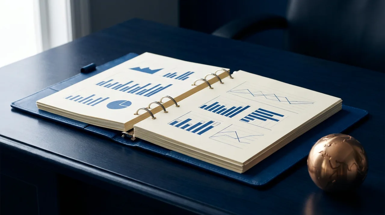 Aufgeschlagener Ordner mit Diagrammen auf einem dunklen Schreibtisch